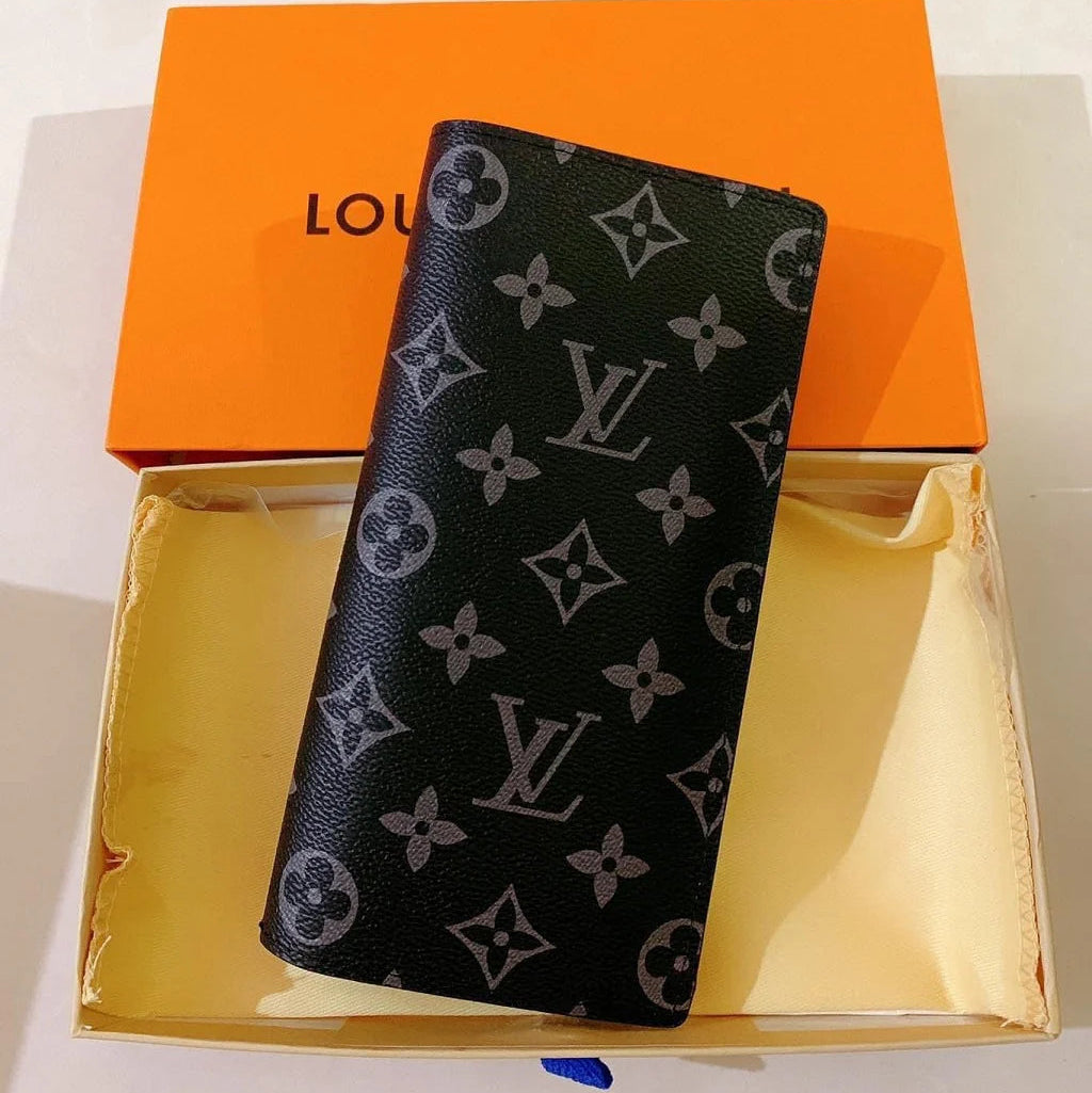 Designer LV Leather Men Long Wallet Black